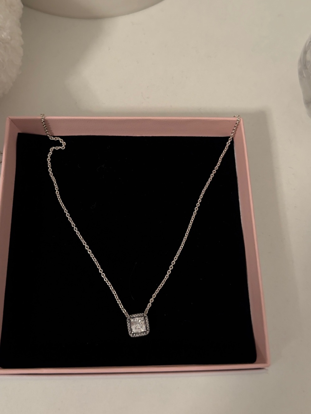 Pandora Delicate Silver Square Halo Pendant Necklace - Sparkling White